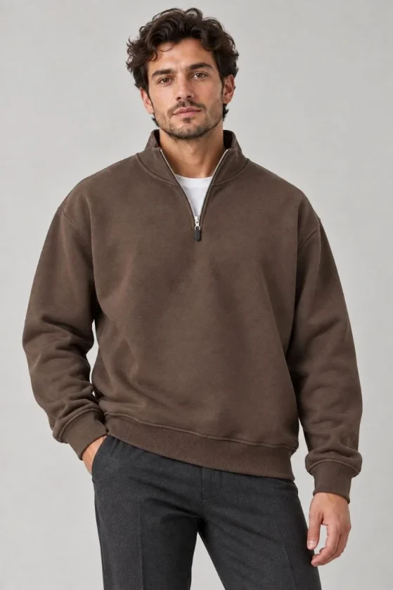 TY6ac3cc92546036ac3cc9254604.webp Erkek Üç İplik İçi Şardonlu Dik Yaka Yarım Fermuarlı Kışlık Sweatshirt - Kahverengi - Görsel 1