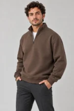 Erkek Üç İplik İçi Şardonlu Dik Yaka Yarım Fermuarlı Kışlık Sweatshirt - Kahverengi - Görsel 2