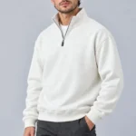 Erkek Üç İplik İçi Şardonlu Dik Yaka Yarım Fermuarlı Kışlık Sweatshirt - Beyaz
