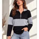 Kadın Fermuarlı Yaka Renk Bloklu Sweatshirt / Üst