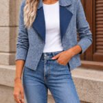 Kadın Kontrast Yaka Desenli Kısa Blazer / Ceket